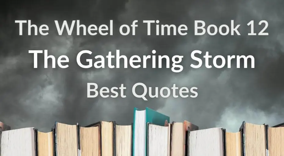 Books on a cloudy gray background with gray and white typography introducing the “Best Quotes from The Gathering Storm” post.