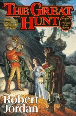 The Great Hunt hardcover, November 1990 edition from Tor Books. The cover has Rand holding the Horn of Valere, with Loial and Selene watching him.