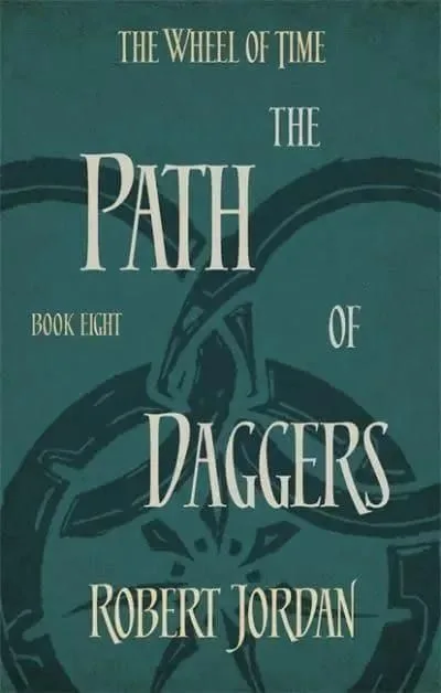 The Path of Daggers paperback, Orbit's 2014 edition. The cover has the snake-wheel symbol on a green background.