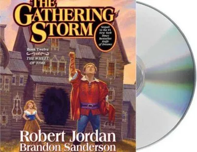 The Gathering Storm Audio CD read by Kate Reading & Michael Kramer. The sleeve has Rand and Aviendha outside a manor house.