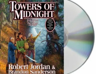 Towers of Midnight Audio CD read by Kate Reading & Michael Kramer. The sleeve has Mat, Thom, and Noal at the Tower of Ghenjei.
