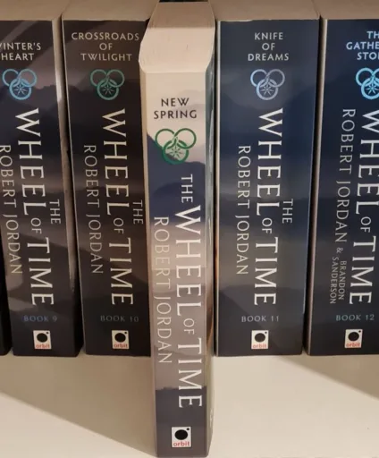 The Wheel of Time books on a shelf with New Spring pulled forwards. Signifying its position if you read New Spring in order of publication.