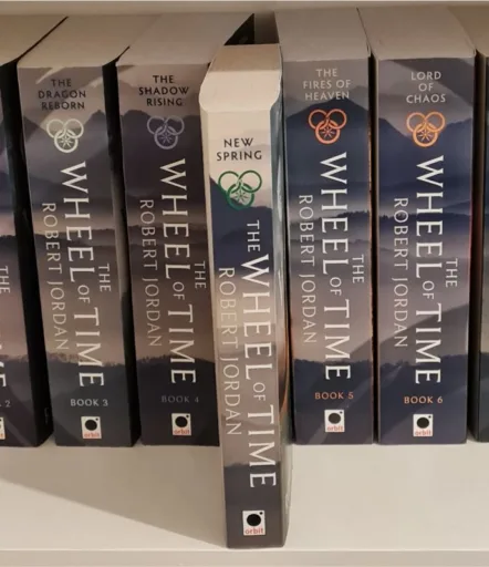 The Wheel of Time books on a shelf with New Spring pulled forwards. Signifying its position if you read New Spring after The Shadow Rising.