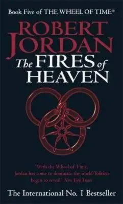 The Fires of Heaven paperback. Time Warner Books UK's 1994 edition. The cover has a red snake-wheel symbol on a black background.