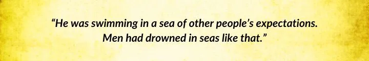 A yellow parchment with a Lan Mandragoran quote from New Spring begins: “He was swimming in a sea of other people’s expectations…”