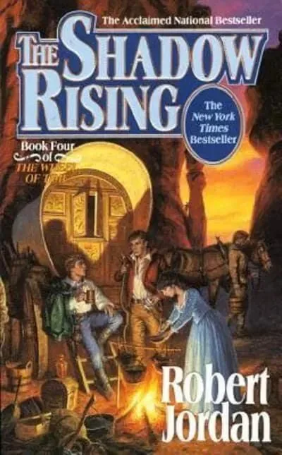 The Shadow Rising paperback, October 1993 mass-market edition from Tor Books. The cover has Rand, Mat, and Egwene in the Aiel Waste.