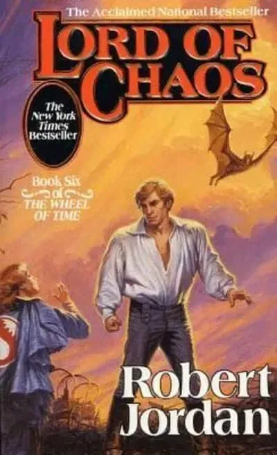 Lord of Chaos paperback, November 1995 mass-market edition from Tor Books. The cover has an Aes Sedai kneeling at Rand al'Thor’s feet.