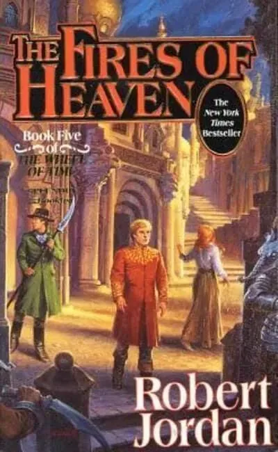 The Fires of Heaven paperback, October 1994 mass-market edition from Tor Books. The cover has Rand, Mat, and Aviendha in Caemlyn.