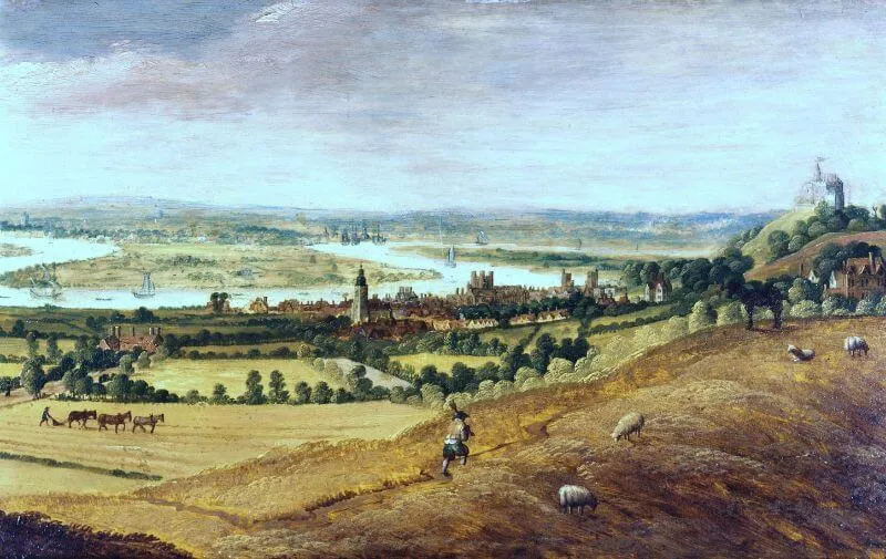 Painting of a 17th-century landscape with rolling hills, trees, a river, and farm animals and workers.