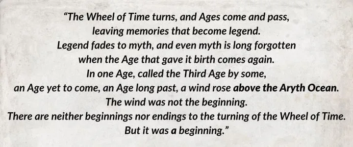 A white parchment with The Wheel of Time’s iconic opening paragraph as it is written in Winter’s Heart. It begins: “The Wheel of Time turns, and Ages come and pass…”