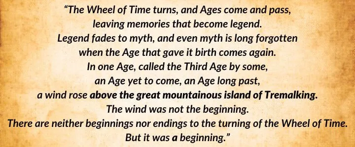 A brown parchment with The Wheel of Time’s iconic opening paragraph as it is written in The Path of Daggers. It begins: “The Wheel of Time turns, and Ages come and pass…”