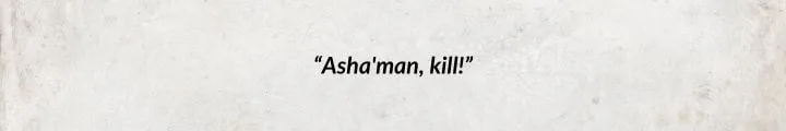 A white parchment with a Mazrim Taim quote from Lord of Chaos reads: “Asha’man, kill!”