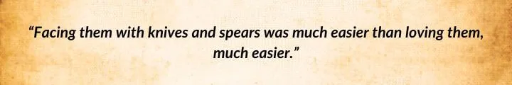 A brown parchment with an Aviendha quote from The Path of Daggers reads: “Facing them with knives and spears was much easier than loving them, much easier.”
