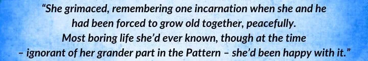 A blue parchment with a Birgitte Silverbow quote from Towers of Midnight begins: “She grimaced, remembering one incarnation...”