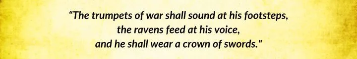 A yellow parchment with a Rand al’Thor quote from A Crown of Swords begins: “The trumpets of war shall sound at his footsteps…”