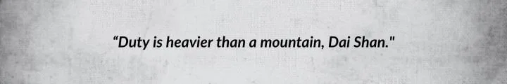 A dark-gray parchment with a Lord Agelmar Jagad quote from A Memory of Light reads: “Duty is heavier than a mountain, Dai Shan.”