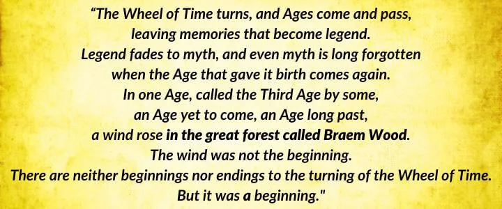 A yellow parchment with The Wheel of Time’s iconic opening paragraph as it is written in A Crown of Swords. It begins: “The Wheel of Time turns, and Ages come and pass…”