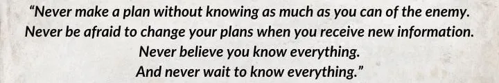 A white parchment with a Pedron Niall quote from Lord of Chaos begins: “Never make a plan without knowing as much as you can of the enemy...”