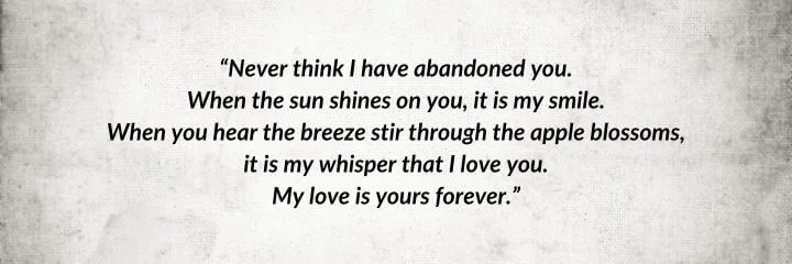 A gray parchment with a Perrin Aybara quote from The Shadow Rising begins: “Never think I have abandoned you…”