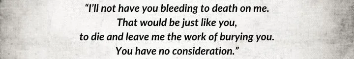 A gray parchment with a Faile quote from The Shadow Rising begins: “I’ll not have you bleeding to death on me…”