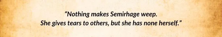 A brown parchment with a Lews Therin quote from The Path of Daggers begins: “Nothing makes Semirhage weep…”