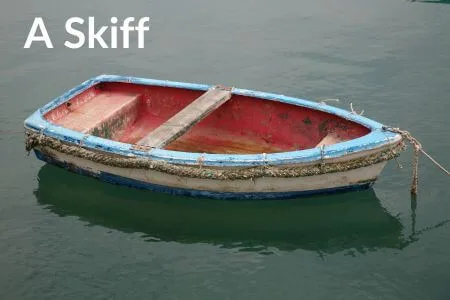 A lone skiff on a river with the title “A Skiff” written in white.