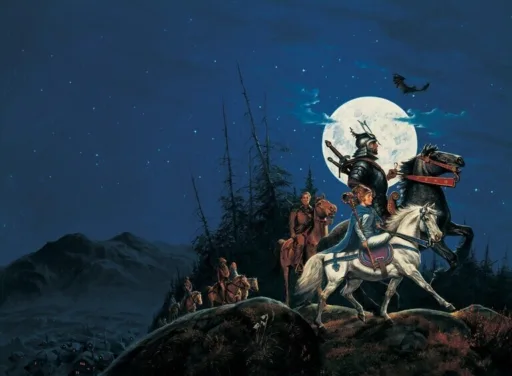 The Eye of the World cover art by Darrell K. Sweet. Moiraine and Lan lead the Emond's Field youths on a night-long journey.