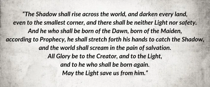 A gray parchment with a quote from The Shadow Rising begins: “The Shadow shall rise across the world…”