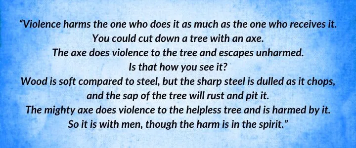 A blue parchment with a Raen quote from The Eye of the World begins: “Violence harms the one who does it as much as the one who receives it…”