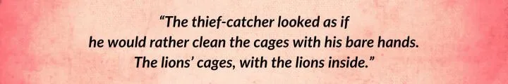 A red parchment with a Nynaeve al’Meara quote from The Fires of Heaven begins: “The thief-catcher looked as if he would rather clean the cages with his bare hands…”