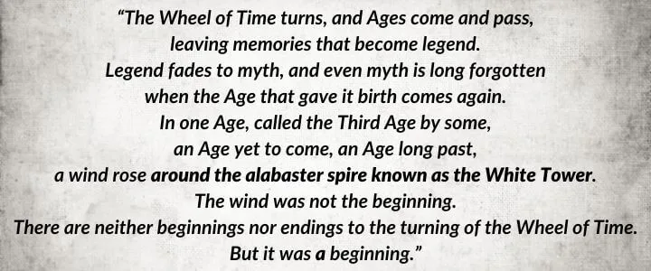 A gray parchment with The Wheel of Time’s iconic opening paragraph as it is written in The Gathering Storm. It begins: “The Wheel of Time turns, and Ages come and pass…”