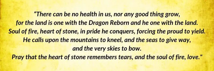 A yellow parchment with a quote from A Crown of Swords begins: “There can be no health in us, nor any good thing grow...”