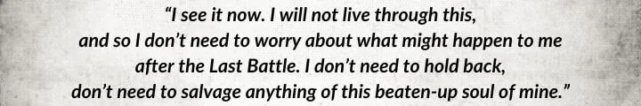 A gray parchment with a Rand al’Thor quote from The Gathering Storm begins: “I see it now. I will not live through this...”