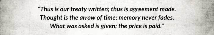 A gray parchment with a Matrim Cauthon quote from The Shadow Rising begins: “Thus is our treaty written…”