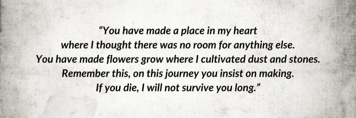 A gray parchment with a Lan Mandragoran quote from The Shadow Rising begins: “You have made a place in my heart…”