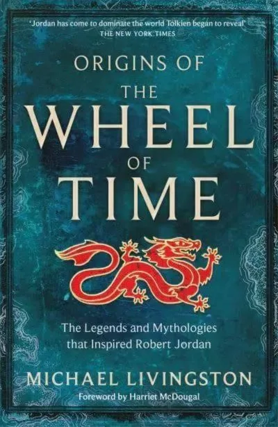 Origins of The Wheel of Time, Tor Main Market edition. The cover has a red dragon on a textured green map.