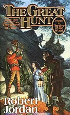 The Great Hunt paperback, 1991 mass-market edition from Tor Books. The cover has Loial, Selene, and a Trolloc watching Rand hold the Horn of Valere.