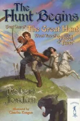 The Hunt Begins paperback, January 2004 edition from Starscape. The cover has Rand with his bow drawn while Lady Selene rides a white horse behind him.